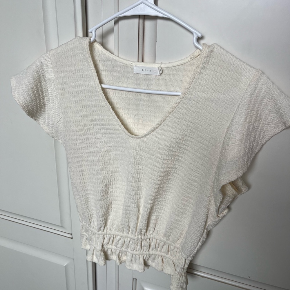 Lush Cream Textured V-Neck Blouse